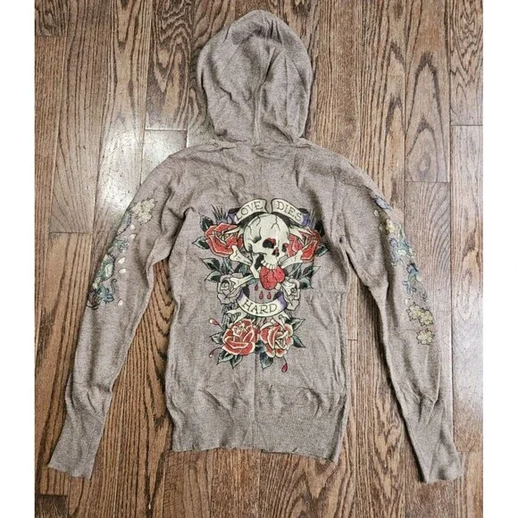 Vtg Y2K Ed Hardy Love Dies Hard Skull Dragon Roses Rhinestone XS Zip Up Hoodie